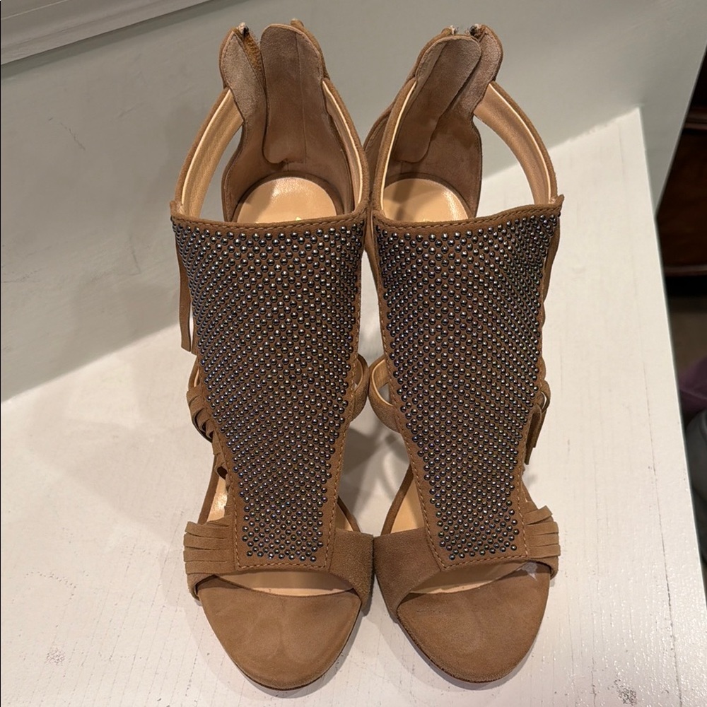 Giuseppe Zanotti Tan Suede Studded Cage Heels